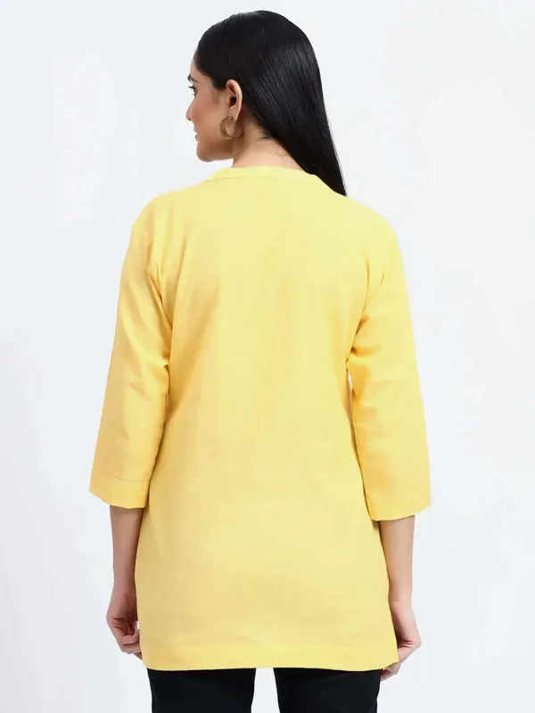 Yellow_Linen_Solid_Mandarin_Collar_Regular_Top_For_Women