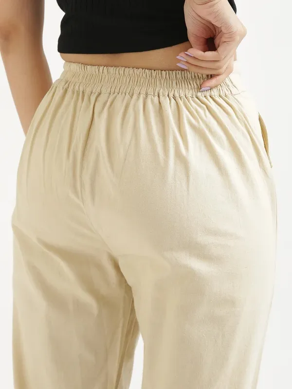 Cream_Pure_Linen_Solid_Casual_Trousers_For_Women