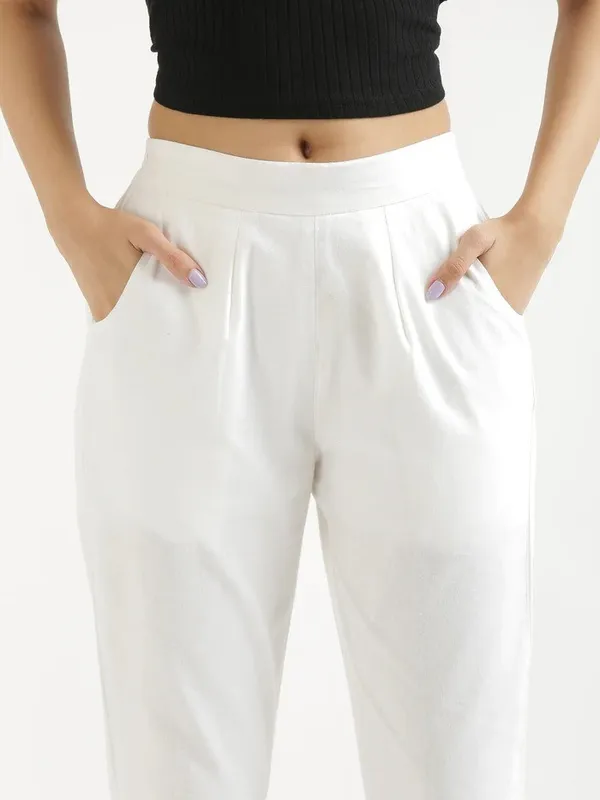 White_Pure_Linen_Solid_Casual_Trousers_For_Women