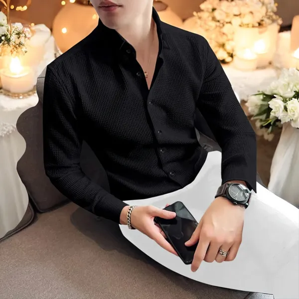 Black_Cotton_Blend_Full_Sleeve_Self_Design_Shirt_For_Men
