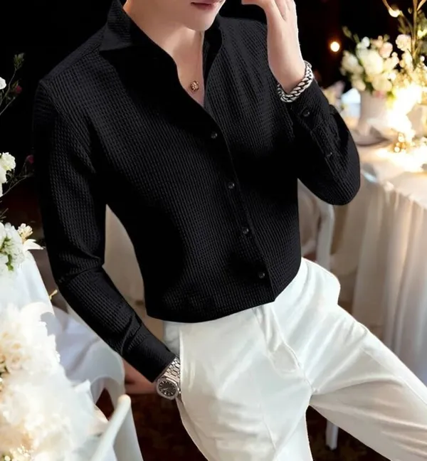 Black_Cotton_Blend_Full_Sleeve_Self_Design_Shirt_For_Men