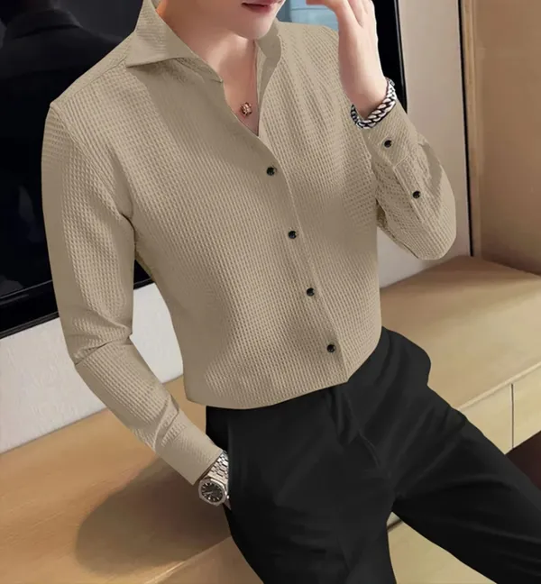 Cream_Polycotton_Full_Sleeve_Checkered_&_Self_Design_Shirt_For_Men