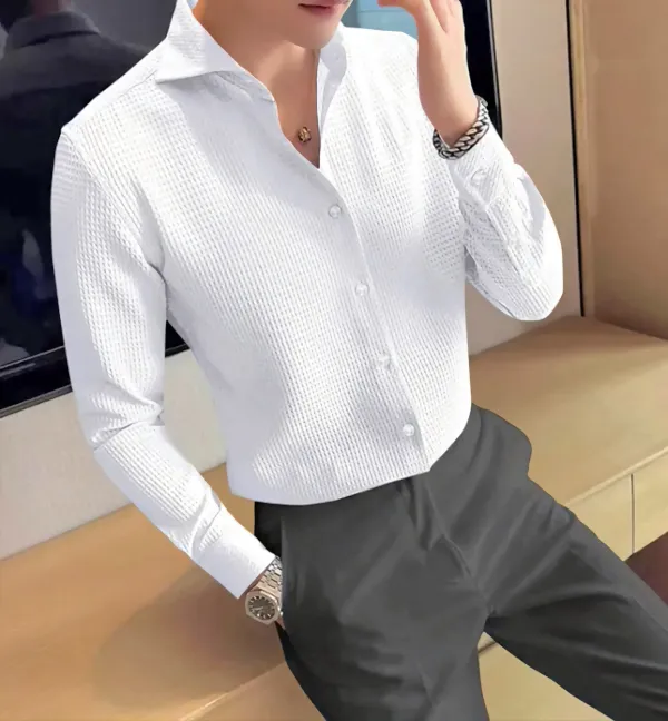 White_Polycotton_Full_Sleeve_Checkered_&_Self_Design_Shirt_For_Men