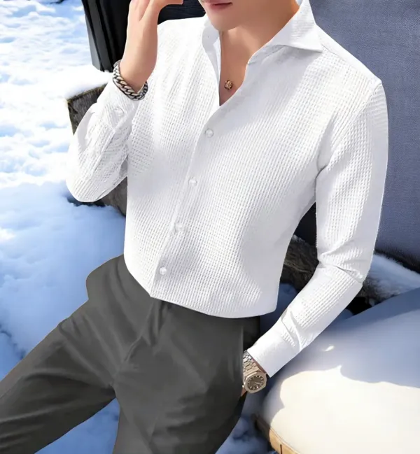 White_Polycotton_Full_Sleeve_Self_Design_Shirt_For_Men