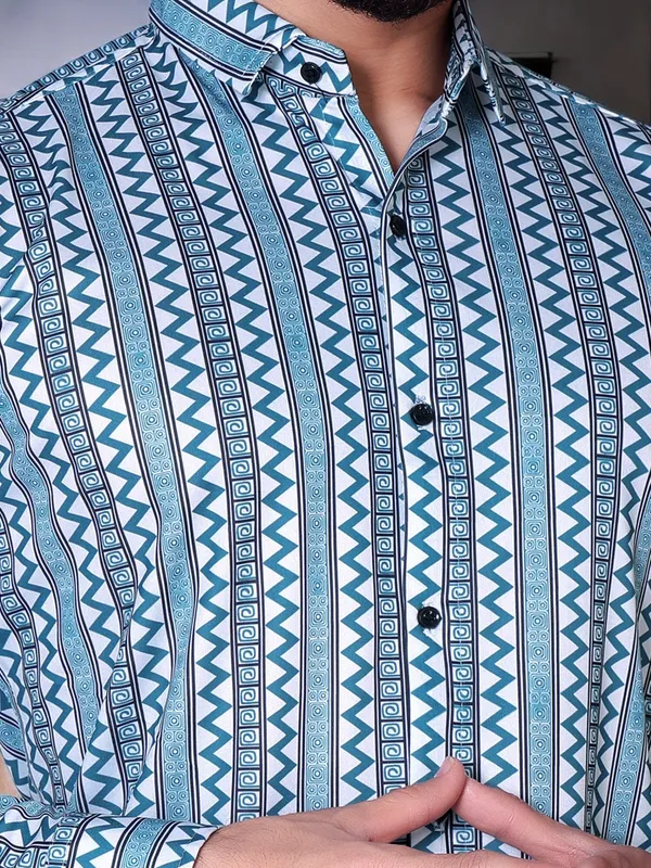 Blue_Lycra_Blend_Full_Sleeve_Printed_Shirt_For_Men