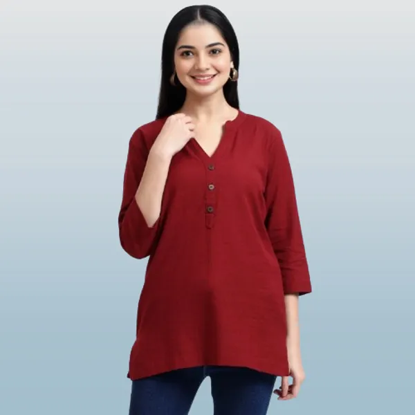 Red_Linen_Solid_Mandarin_Collar_Regular_Top_For_Women