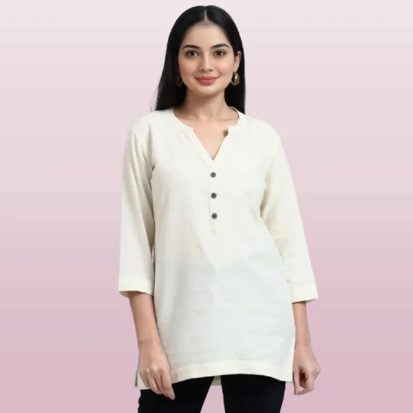 White_Linen_Solid_Mandarin_Collar_Regular_Top_For_Women