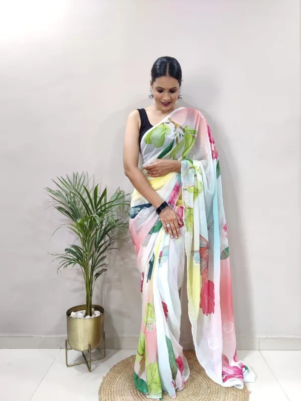 White_Georgette_Premium_&_Elegant_Saree_With_Unstiched_Blouse
