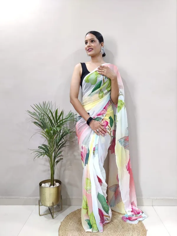 White_Georgette_Premium_&_Elegant_Saree_With_Unstiched_Blouse