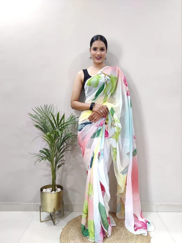 White_Georgette_Premium_&_Elegant_Saree_With_Unstiched_Blouse