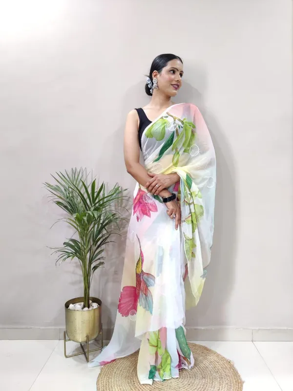 White_Georgette_Premium_&_Elegant_Saree_With_Unstiched_Blouse