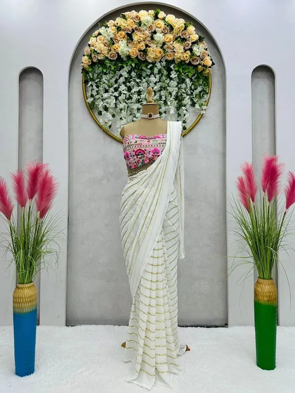 White_Georgette_Premium_&_Elegant_Saree_With_Unstiched_Blouse