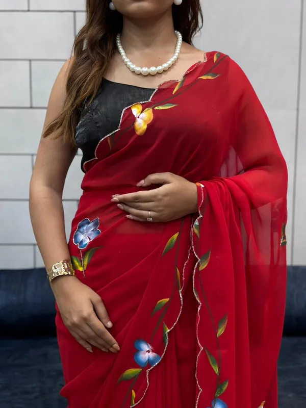 Red_Georgette_Premium_&_Elegant_Saree_With_Unstiched_Blouse