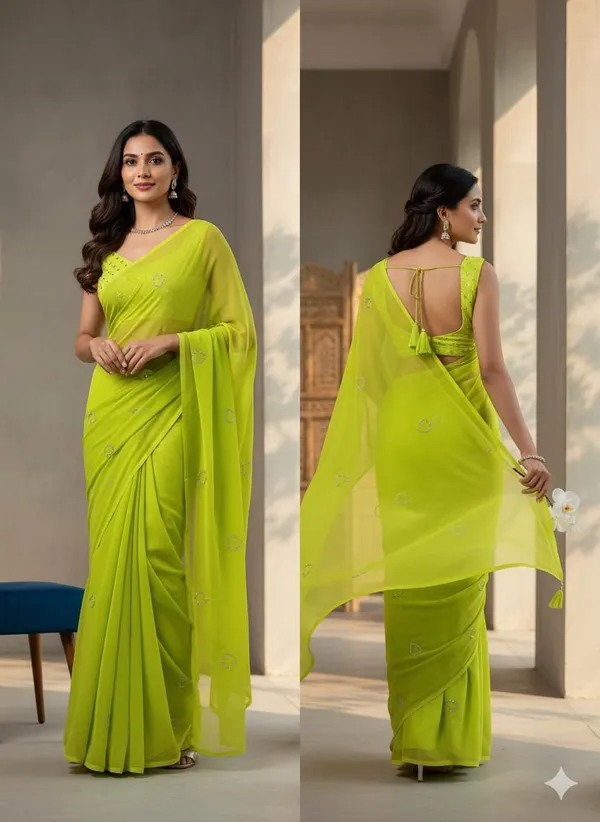Parrot_Georgette_Premium_&_Elegant_Saree_With_Unstiched_Blouse