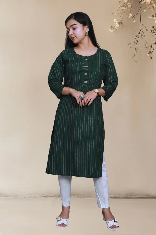 Bottle_Green_Shine_Weaving_Design_Cotton_Blend_Long_Straight_Kurti