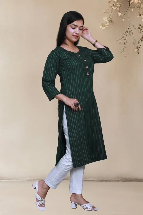 Bottle_Green_Shine_Weaving_Design_Cotton_Blend_Long_Straight_Kurti