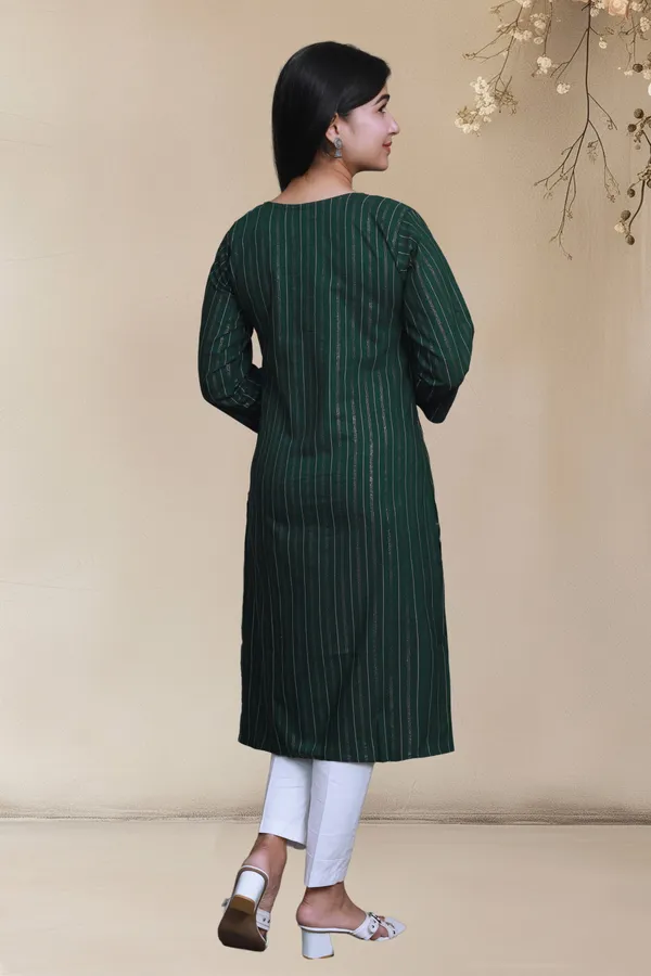 Bottle_Green_Shine_Weaving_Design_Cotton_Blend_Long_Straight_Kurti