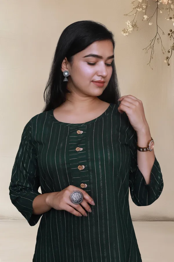 Bottle_Green_Shine_Weaving_Design_Cotton_Blend_Long_Straight_Kurti