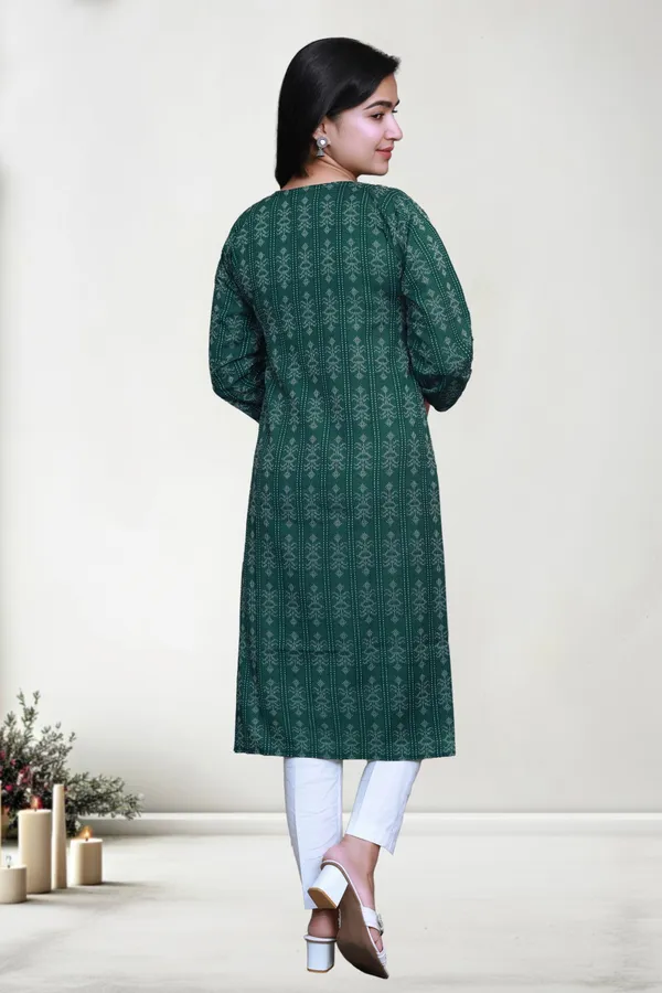 Bottle_Green_Thread_Jaqard_Design_Cotton_Blend_Long_Straight_Kurti