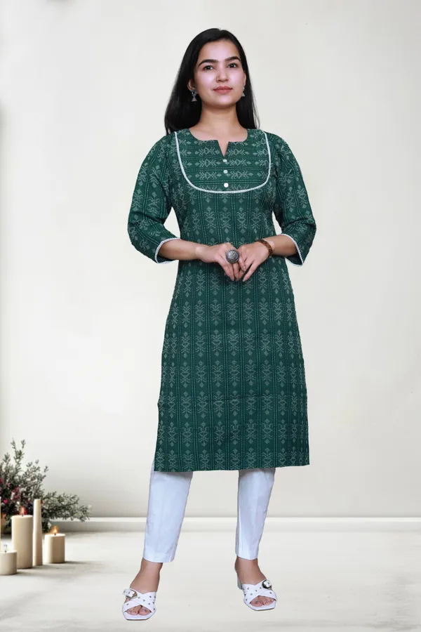 Bottle_Green_Thread_Jaqard_Design_Cotton_Blend_Long_Straight_Kurti