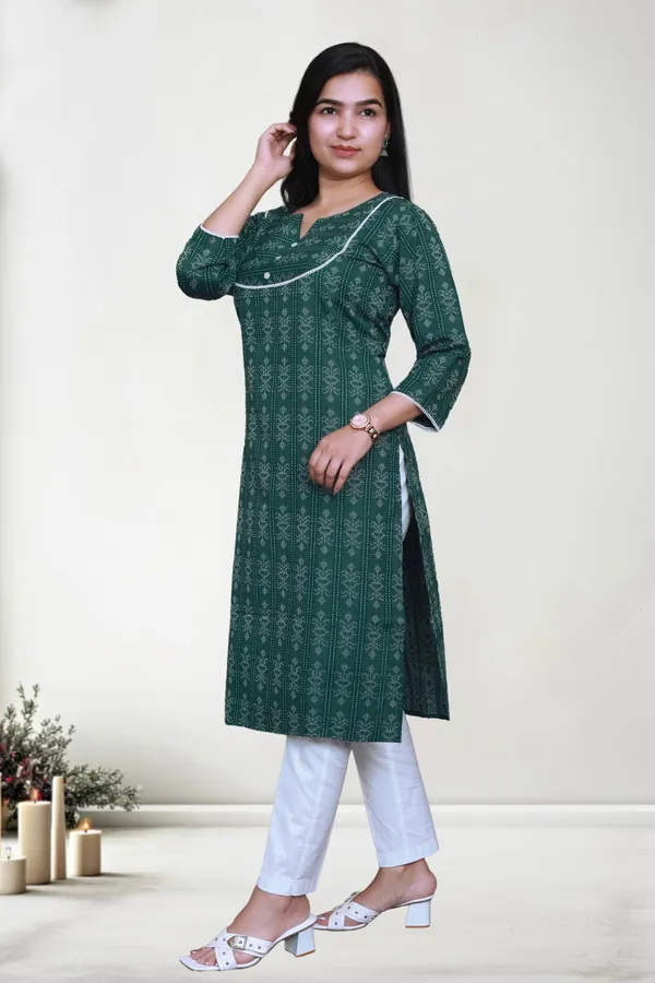 Bottle_Green_Thread_Jaqard_Design_Cotton_Blend_Long_Straight_Kurti