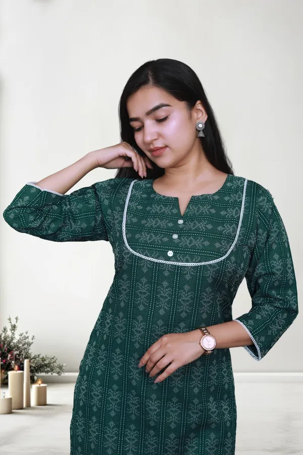 Bottle_Green_Thread_Jaqard_Design_Cotton_Blend_Long_Straight_Kurti