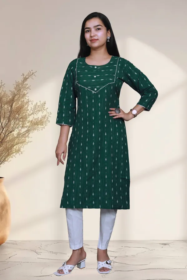 Bottle_Green_Thread_Weaving_Design_Cotton_Blend_Long_Straight_Kurti