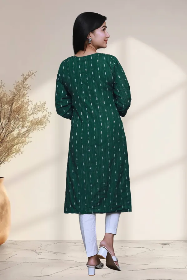 Bottle_Green_Thread_Weaving_Design_Cotton_Blend_Long_Straight_Kurti