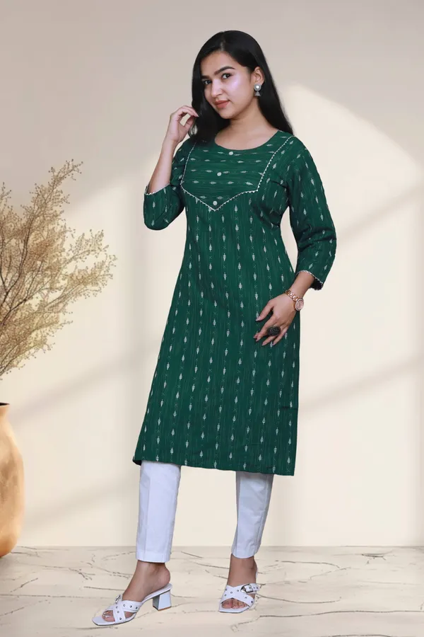 Bottle_Green_Thread_Weaving_Design_Cotton_Blend_Long_Straight_Kurti