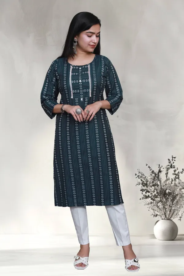 Bottle_Green_Thread_Weaving_Design_Cotton_Blend_Long_Straight_Kurti