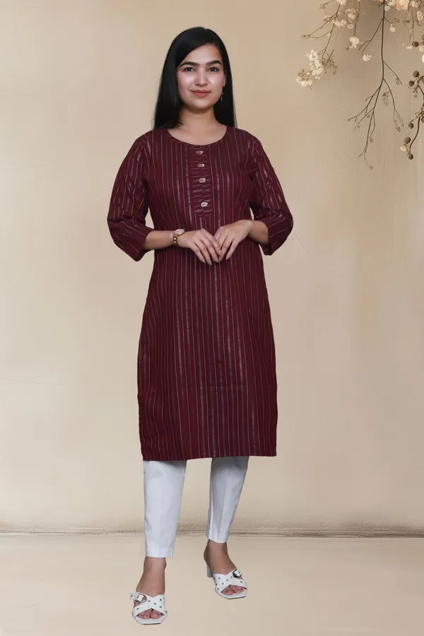 Maroon_Shine_Weaving_Design_Cotton_Blend_Long_Straight_Kurti