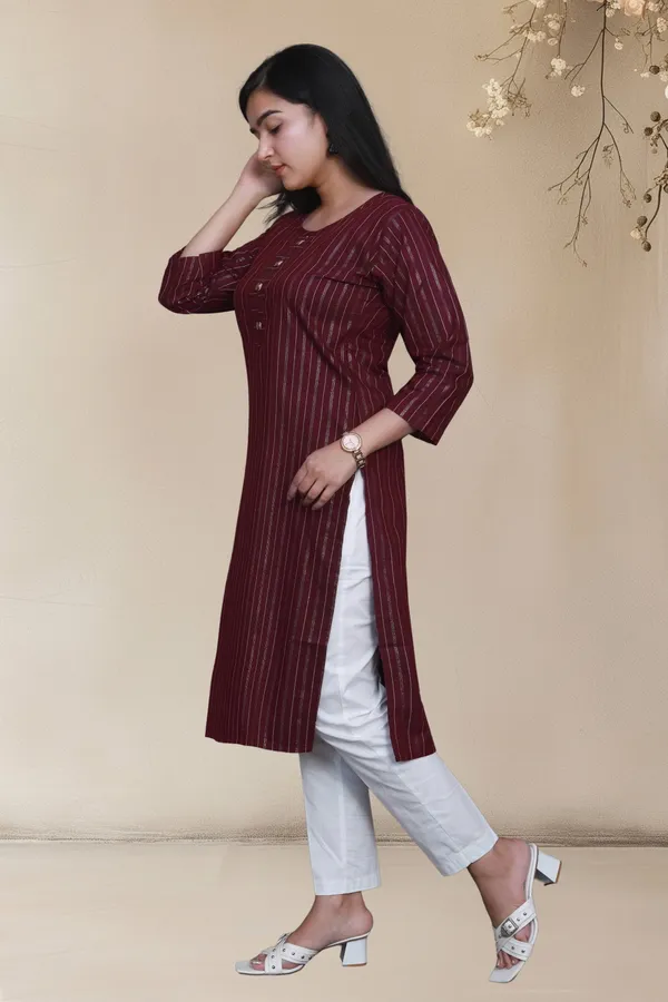 Maroon_Shine_Weaving_Design_Cotton_Blend_Long_Straight_Kurti