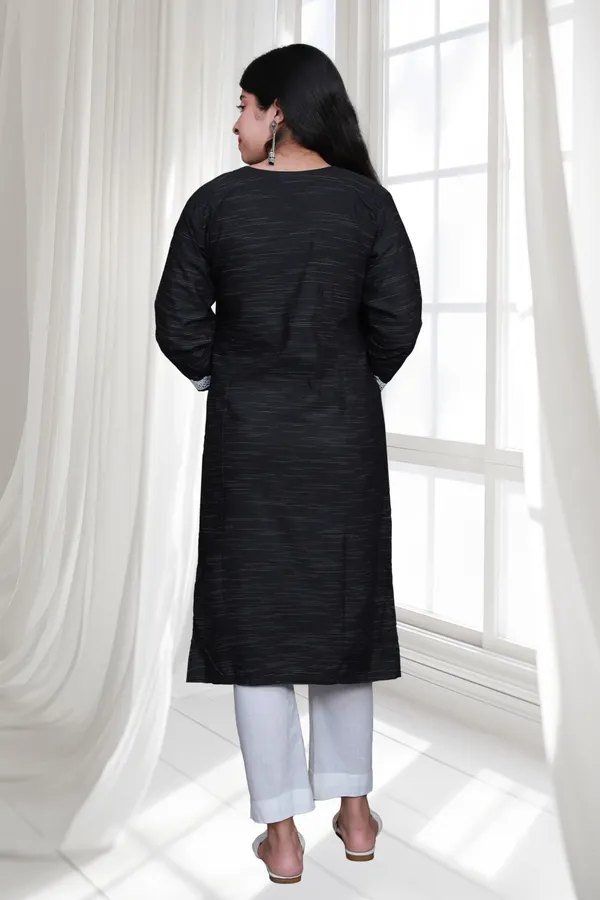 Black_V_Neck_Self_Cotton_Blend_Long_Straight_Kurti