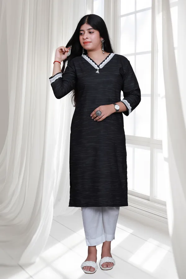 Black_V_Neck_Self_Cotton_Blend_Long_Straight_Kurti