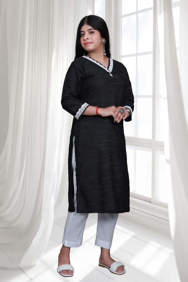 Black_V_Neck_Self_Cotton_Blend_Long_Straight_Kurti