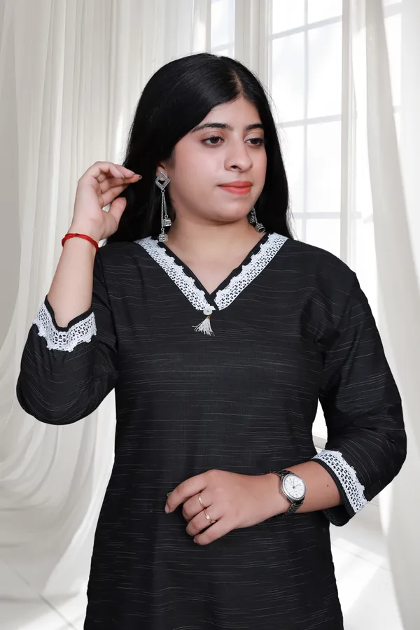 Black_V_Neck_Self_Cotton_Blend_Long_Straight_Kurti