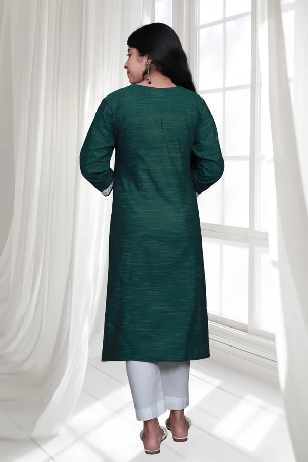 Bottle_Green_V_Neck_Self_Cotton_Blend_Long_Straight_Kurti