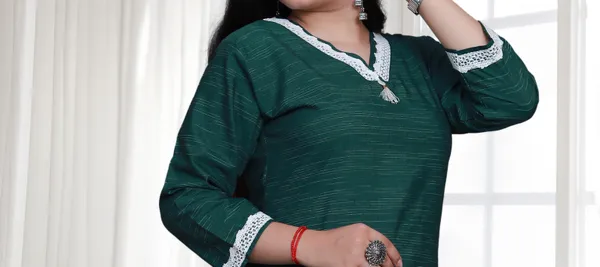 Bottle_Green_V_Neck_Self_Cotton_Blend_Long_Straight_Kurti