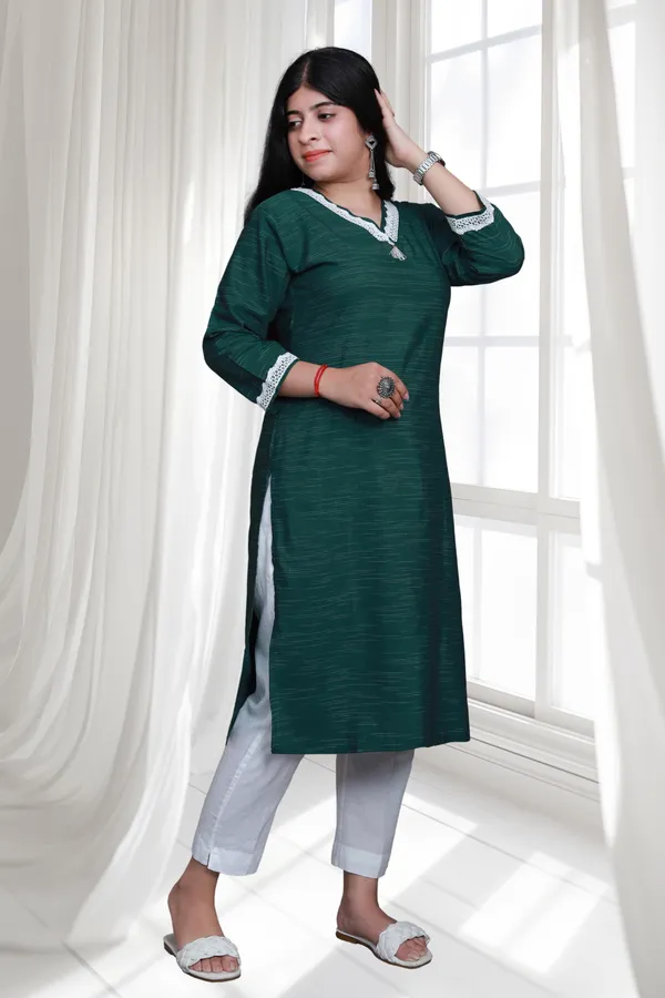Bottle_Green_V_Neck_Self_Cotton_Blend_Long_Straight_Kurti