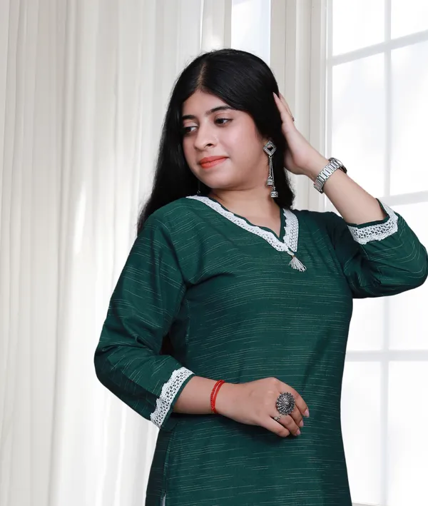 Bottle_Green_V_Neck_Self_Cotton_Blend_Long_Straight_Kurti