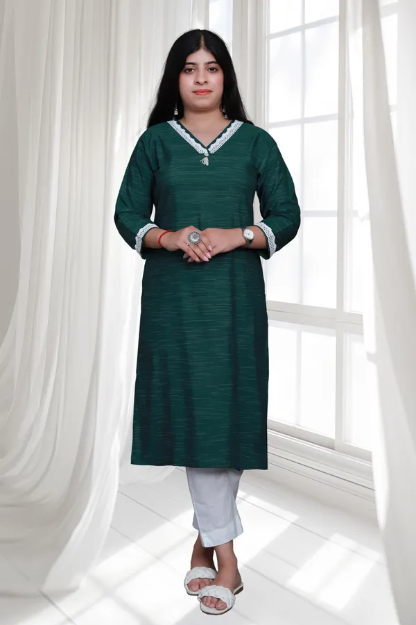Bottle_Green_V_Neck_Self_Cotton_Blend_Long_Straight_Kurti
