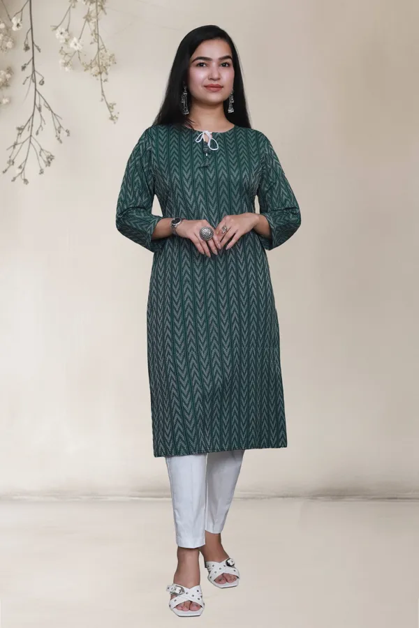 Dark_Green_Thread_Weave_Cotton_Blend_Long_Straight_Kurti