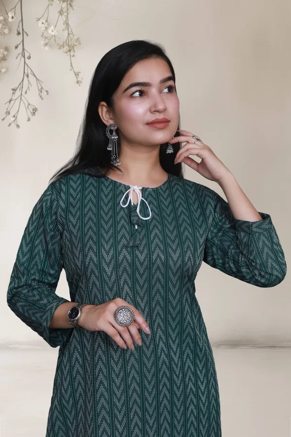 Dark_Green_Thread_Weave_Cotton_Blend_Long_Straight_Kurti