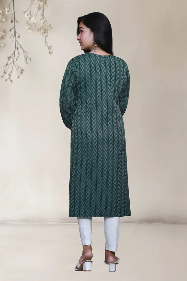 Dark_Green_Thread_Weave_Cotton_Blend_Long_Straight_Kurti