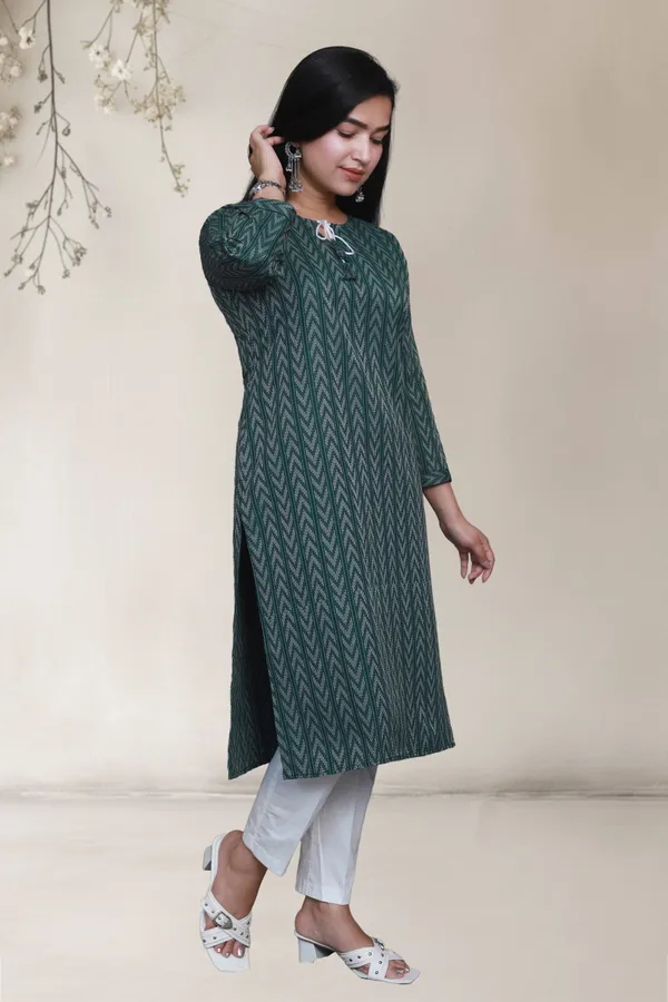 Dark_Green_Thread_Weave_Cotton_Blend_Long_Straight_Kurti