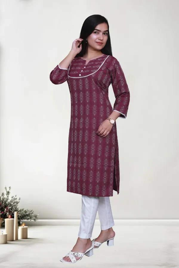 Maroon_Thread_Jaqard_Design_Cotton_Blend_Long_Straight_Kurti