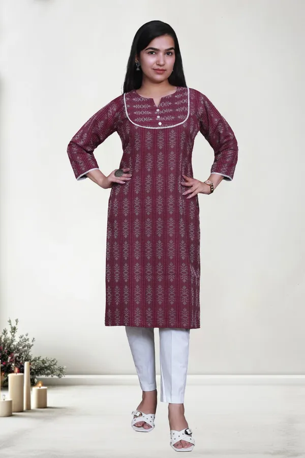Maroon_Thread_Jaqard_Design_Cotton_Blend_Long_Straight_Kurti