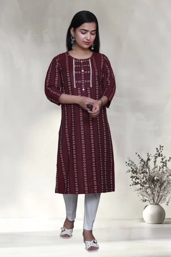 Maroon_Thread_Weaving_Design_Cotton_Blend_Long_Straight_Kurti
