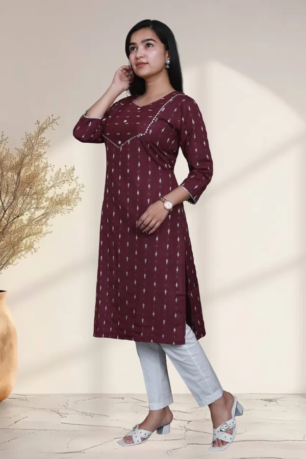 Maroon_Thread_Weaving_Design_Cotton_Blend_Long_Straight_Kurti