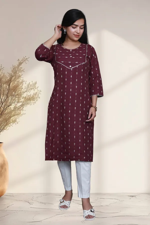 Maroon_Thread_Weaving_Design_Cotton_Blend_Long_Straight_Kurti
